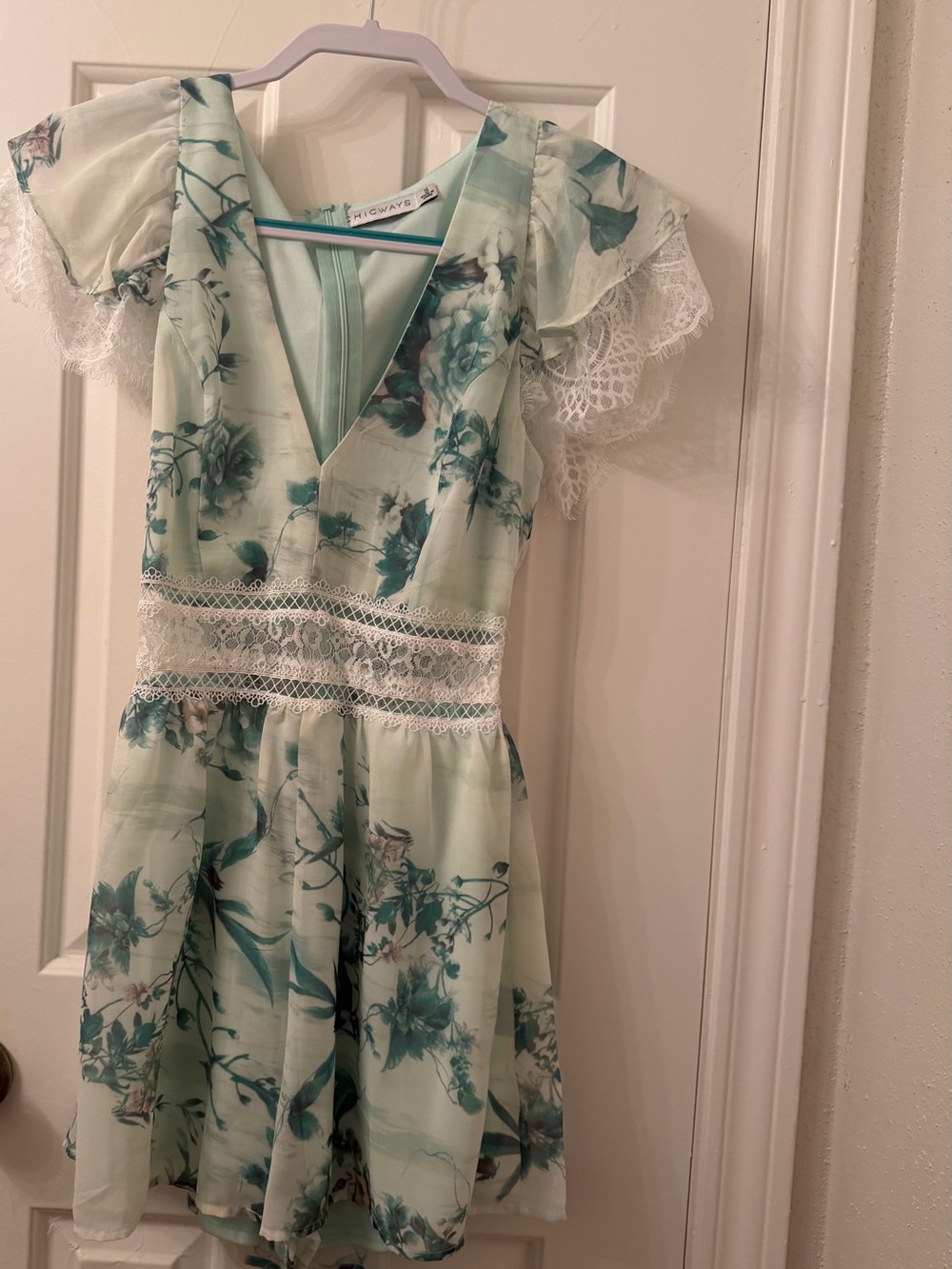 Light Green Floral Lace-Trim V-Neck Dress